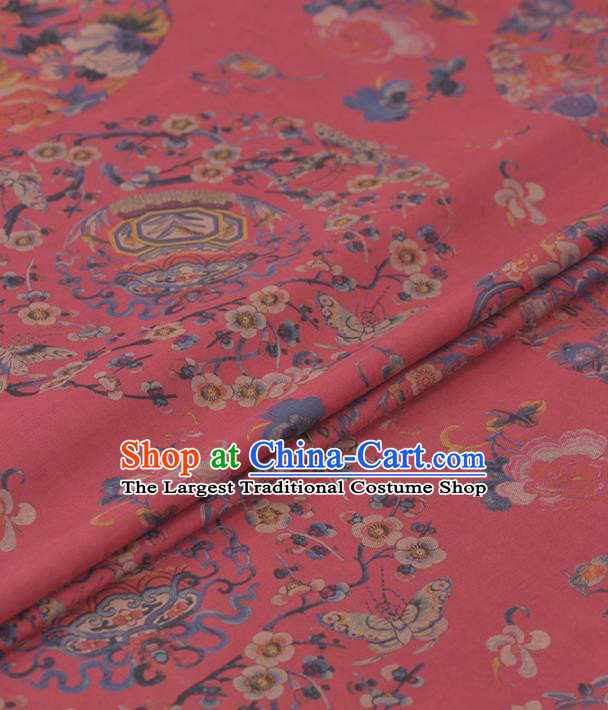 Asian Chinese Classical Plum Blossom Butterfly Pattern Rosy Gambiered Guangdong Gauze Traditional Cheongsam Brocade Silk Fabric