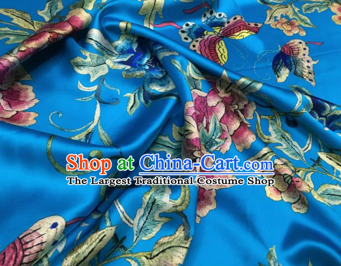Asian Chinese Classical Peony Flowers Pattern Blue Brocade Satin Drapery Traditional Cheongsam Brocade Silk Fabric