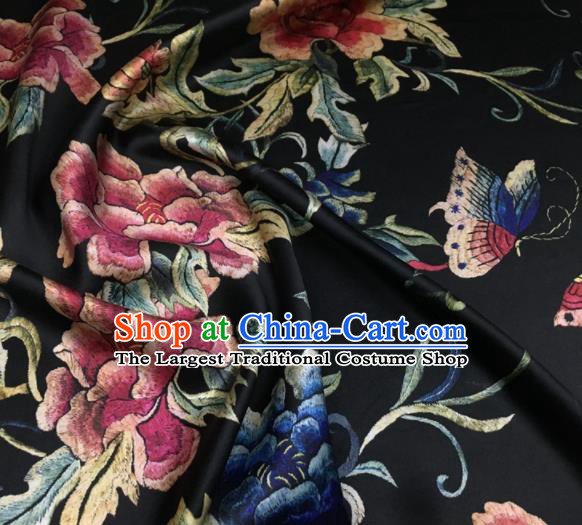 Asian Chinese Classical Peony Flowers Pattern Black Brocade Satin Drapery Traditional Cheongsam Brocade Silk Fabric