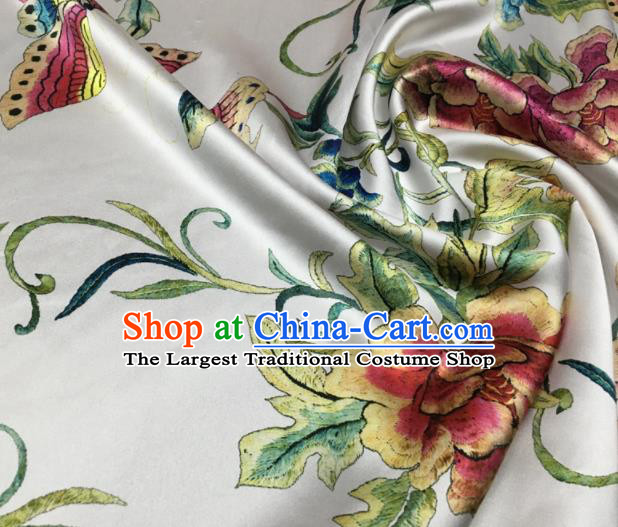 Asian Chinese Classical Peony Flowers Pattern White Brocade Satin Drapery Traditional Cheongsam Brocade Silk Fabric