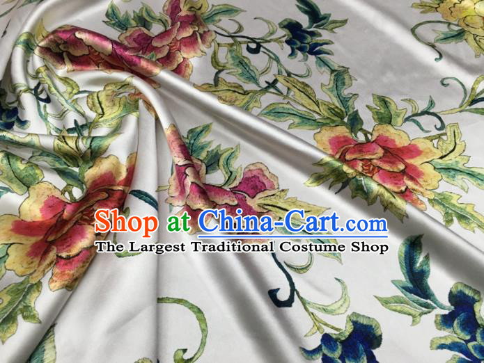 Asian Chinese Classical Peony Flowers Pattern White Brocade Satin Drapery Traditional Cheongsam Brocade Silk Fabric