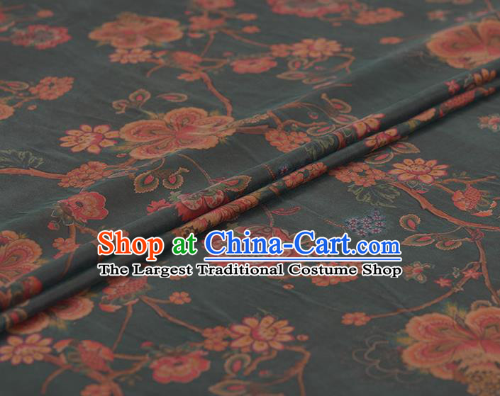 Asian Chinese Classical Peach Blossom Pattern Olive Green Gambiered Guangdong Gauze Traditional Cheongsam Brocade Silk Fabric