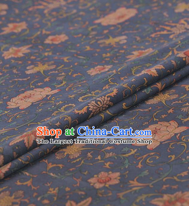 Asian Chinese Classical Lotus Pattern Navy Gambiered Guangdong Gauze Traditional Cheongsam Brocade Silk Fabric