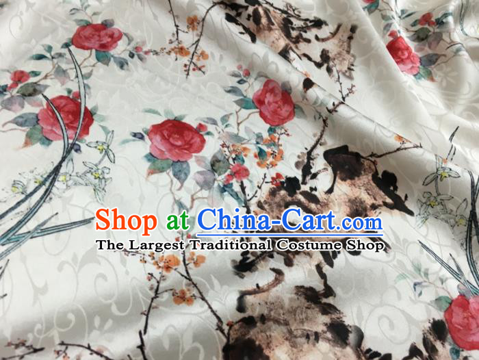 Asian Chinese Classical Roses Orchid Pattern White Brocade Satin Drapery Traditional Cheongsam Brocade Silk Fabric