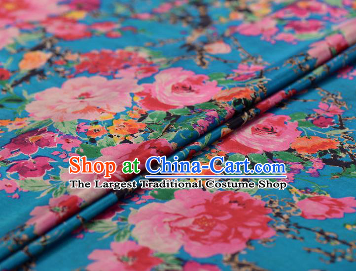 Asian Chinese Classical Peony Pattern Blue Gambiered Guangdong Gauze Traditional Cheongsam Brocade Silk Fabric