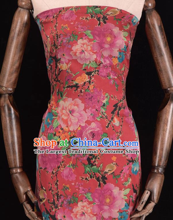 Asian Chinese Classical Peony Pattern Red Gambiered Guangdong Gauze Traditional Cheongsam Brocade Silk Fabric