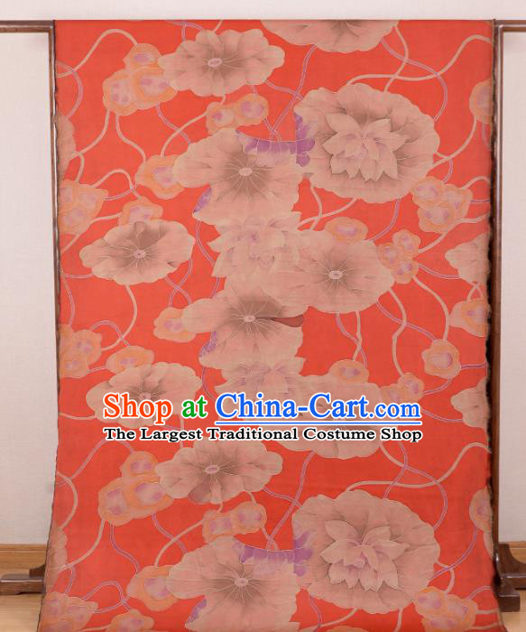 Asian Chinese Classical Lotus Leaf Pattern Red Gambiered Guangdong Gauze Traditional Cheongsam Brocade Silk Fabric