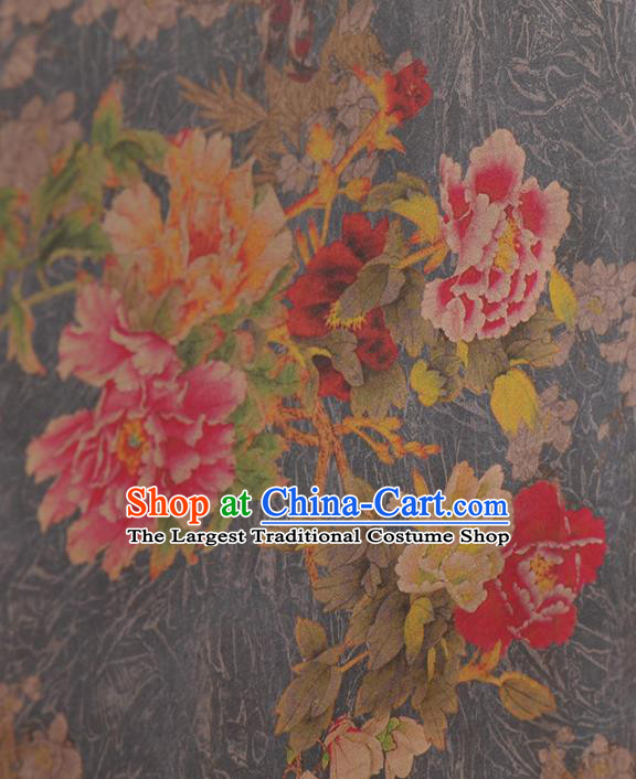 Asian Chinese Classical Peony Flowers Pattern Navy Gambiered Guangdong Gauze Traditional Cheongsam Brocade Silk Fabric