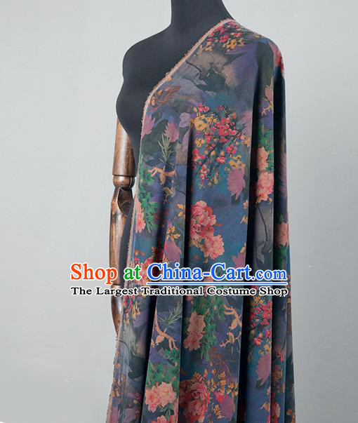 Asian Chinese Classical Peony Pattern Navy Brocade Satin Drapery Traditional Cheongsam Brocade Silk Fabric