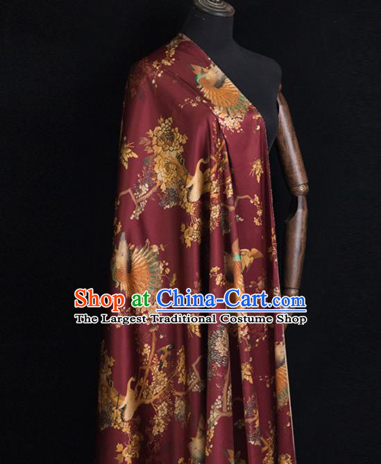 Asian Chinese Classical Crane Pattern Wine Red Brocade Satin Drapery Traditional Cheongsam Brocade Silk Fabric