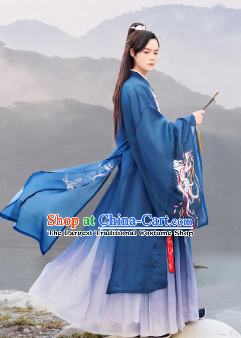 Chinese Ancient Han Dynasty Scholar Embroidered Historical Costume Antique Traditional Nobility Childe Hanfu Clothing for Men