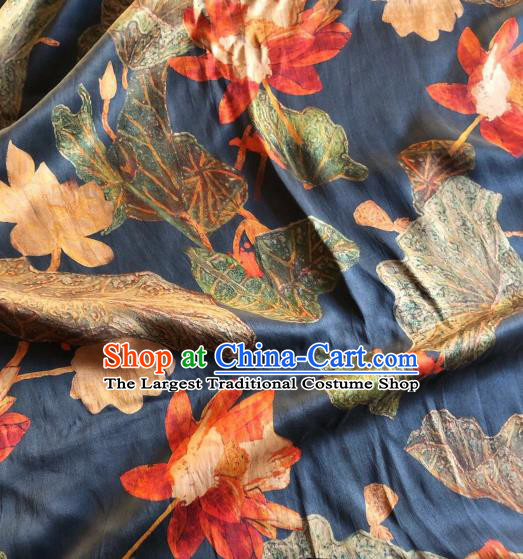Asian Chinese Classical Lotus Pattern Navy Satin Drapery Gambiered Guangdong Gauze Brocade Traditional Cheongsam Brocade Silk Fabric