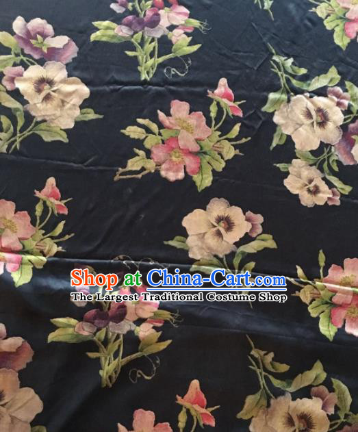 Asian Chinese Classical Flowers Pattern Black Satin Drapery Gambiered Guangdong Gauze Brocade Traditional Cheongsam Brocade Silk Fabric