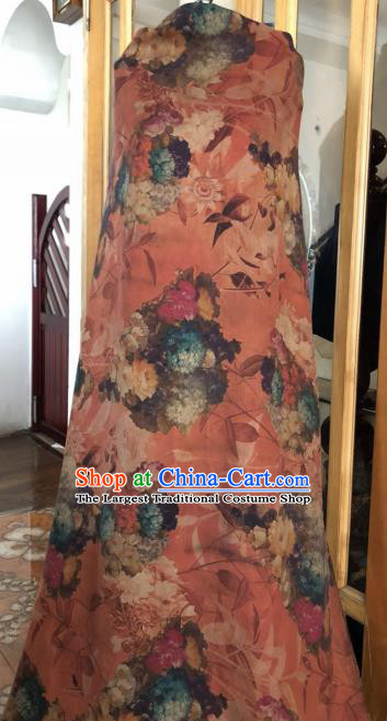 Asian Chinese Classical Flowers Pattern Orange Satin Drapery Gambiered Guangdong Gauze Brocade Traditional Cheongsam Brocade Silk Fabric