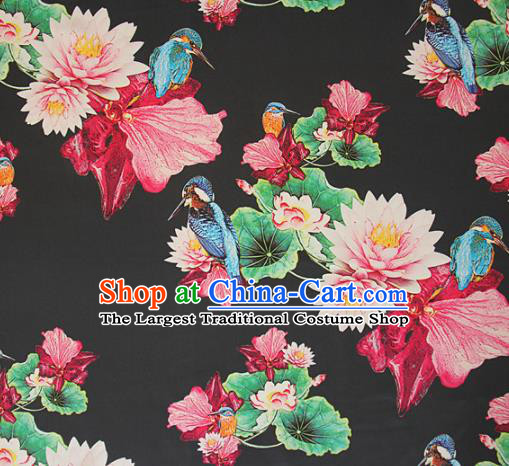 Asian Chinese Classical Lotus Birds Pattern Black Satin Drapery Gambiered Guangdong Gauze Brocade Traditional Cheongsam Brocade Silk Fabric