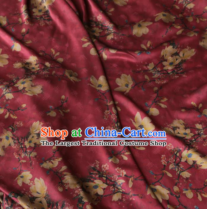 Asian Chinese Classical Yulan Magnolia Pattern Wine Red Gambiered Guangdong Gauze Satin Drapery Brocade Traditional Cheongsam Brocade Silk Fabric