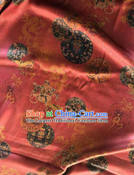 Asian Chinese Classical Dragons Pattern Red Satin Drapery Gambiered Guangdong Gauze Brocade Traditional Cheongsam Brocade Silk Fabric