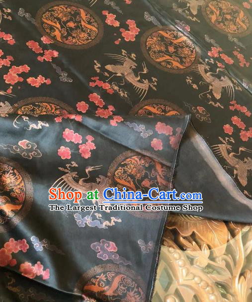 Asian Chinese Classical Cloud Crane Pattern Black Satin Drapery Gambiered Guangdong Gauze Brocade Traditional Cheongsam Brocade Silk Fabric