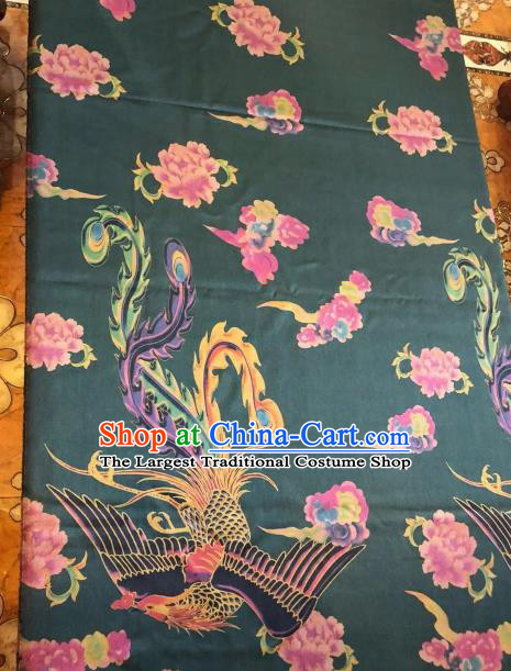 Asian Chinese Classical Phoenix Peony Pattern Deep Green Satin Drapery Gambiered Guangdong Gauze Brocade Traditional Cheongsam Brocade Silk Fabric