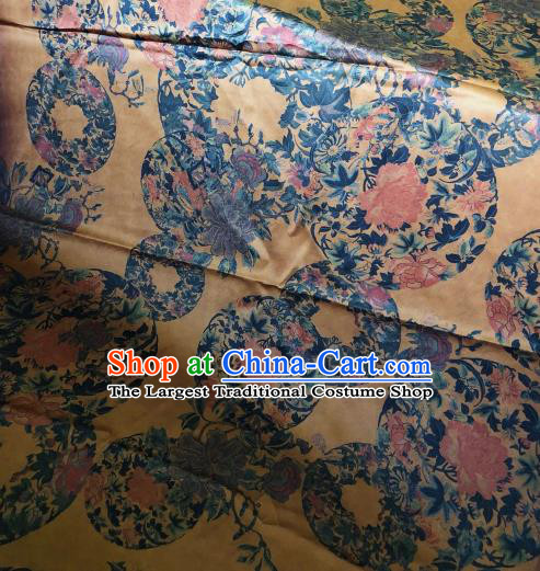 Asian Chinese Classical Peony Pattern Yellow Satin Drapery Gambiered Guangdong Gauze Brocade Traditional Cheongsam Brocade Silk Fabric