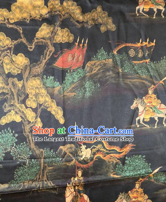 Asian Chinese Classical General Pattern Black Satin Drapery Gambiered Guangdong Gauze Brocade Traditional Cheongsam Brocade Silk Fabric