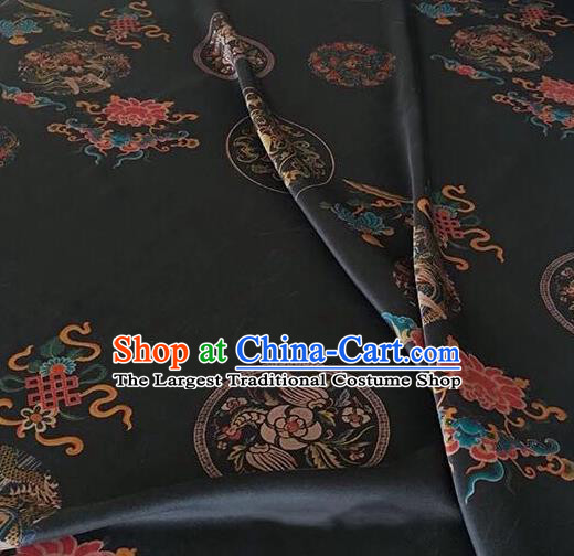 Asian Chinese Classical Lucky Peony Pattern Black Satin Drapery Gambiered Guangdong Gauze Brocade Traditional Cheongsam Brocade Silk Fabric