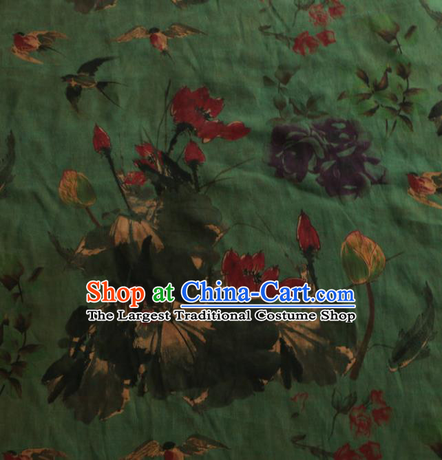 Asian Chinese Classical Lotus Pattern Green Gambiered Guangdong Gauze Satin Drapery Brocade Traditional Cheongsam Brocade Silk Fabric