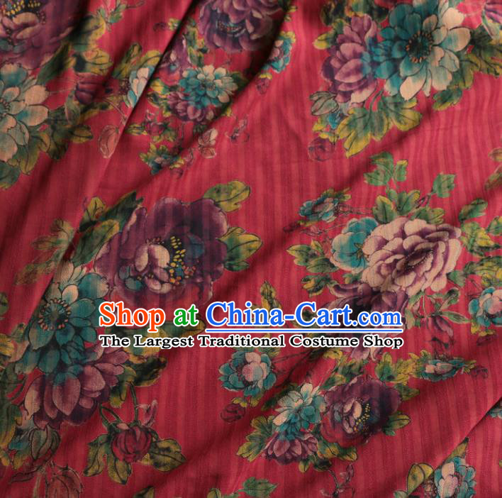 Asian Chinese Classical Peony Pattern Red Gambiered Guangdong Gauze Satin Drapery Brocade Traditional Cheongsam Brocade Silk Fabric