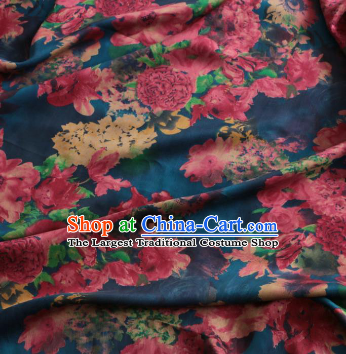 Asian Chinese Classical Peony Pattern Blue Gambiered Guangdong Gauze Satin Drapery Brocade Traditional Cheongsam Brocade Silk Fabric