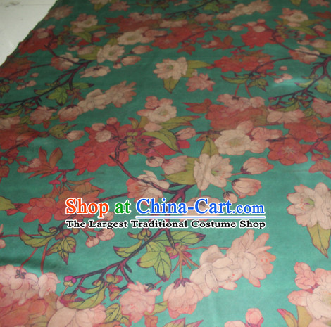 Asian Chinese Cheongsam Classical Peach Blossom Pattern Green Gambiered Guangdong Gauze Satin Drapery Brocade Traditional Brocade Silk Fabric