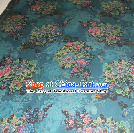Asian Chinese Cheongsam Classical Peony Pattern Blue Gambiered Guangdong Gauze Satin Drapery Brocade Traditional Brocade Silk Fabric