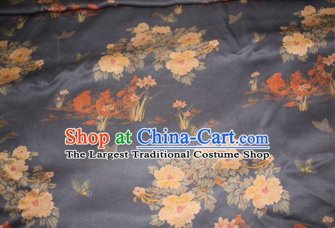 Chinese Traditional Cheongsam Classical Orchid Peony Pattern Black Gambiered Guangdong Gauze Asian Satin Drapery Brocade Silk Fabric
