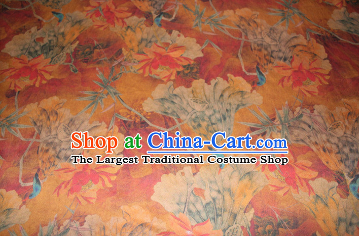 Chinese Traditional Cheongsam Classical Lotus Pattern Orange Gambiered Guangdong Gauze Asian Satin Drapery Brocade Silk Fabric
