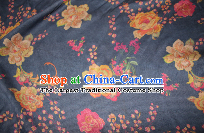 Chinese Traditional Cheongsam Classical Peony Plum Pattern Navy Gambiered Guangdong Gauze Asian Satin Drapery Brocade Silk Fabric