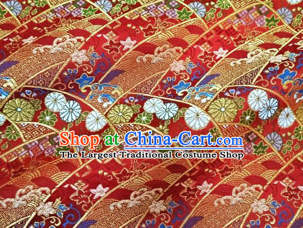 Japanese Traditional Kimono Classical Daisy Pattern Red Brocade Damask Asian Japan Satin Drapery Silk Fabric