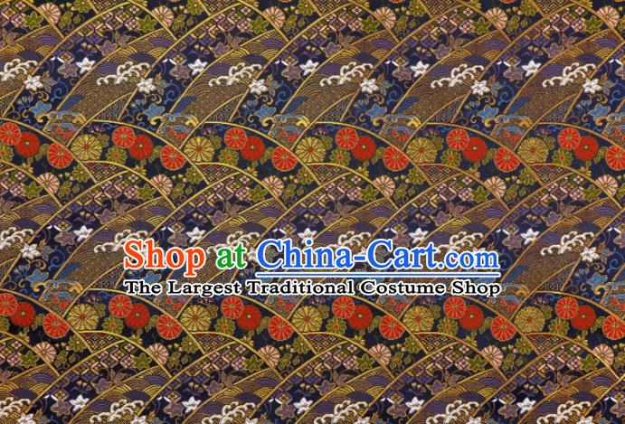 Japanese Traditional Kimono Classical Daisy Pattern Navy Brocade Damask Asian Japan Satin Drapery Silk Fabric