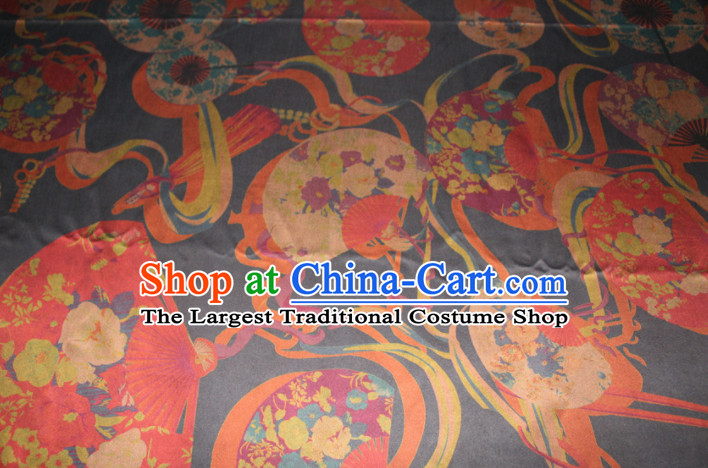 Chinese Traditional Cheongsam Classical Fans Pattern Black Gambiered Guangdong Gauze Asian Satin Drapery Brocade Silk Fabric