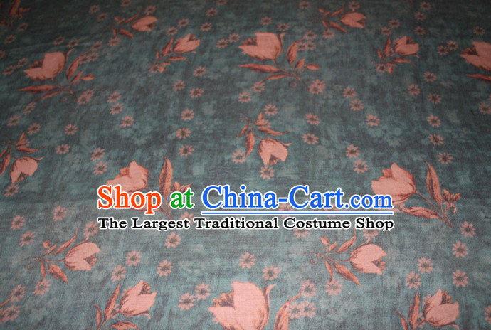 Chinese Traditional Cheongsam Classical Tulip Pattern Blue Gambiered Guangdong Gauze Asian Satin Drapery Brocade Silk Fabric