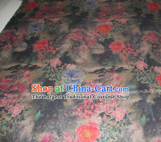 Chinese Traditional Cheongsam Classical Peony Camellia Pattern Black Gambiered Guangdong Gauze Asian Satin Drapery Brocade Silk Fabric