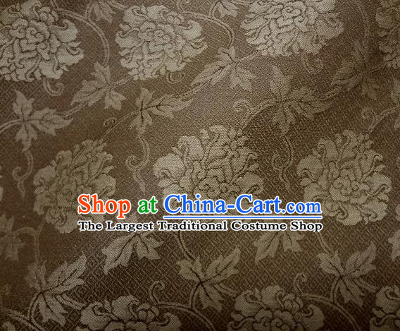 Japanese Traditional Kimono Classical Peony Pattern Brown Brocade Damask Asian Japan Nishijin Satin Drapery Silk Fabric