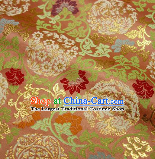 Japanese Traditional Kimono Classical Twine Peony Pattern Pink Brocade Damask Asian Japan Nishijin Satin Drapery Silk Fabric