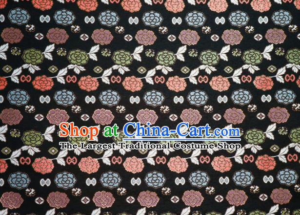 Japanese Traditional Kimono Classical Peony Pattern Black Brocade Damask Asian Japan Nishijin Satin Drapery Silk Fabric
