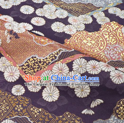 Japanese Traditional Kimono Classical Daisy Pattern Purple Brocade Damask Asian Japan Nishijin Satin Drapery Silk Fabric