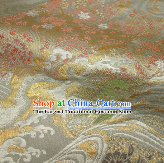 Japanese Traditional Kimono Classical Wave Pattern Argent Brocade Damask Asian Japan Nishijin Satin Drapery Silk Fabric