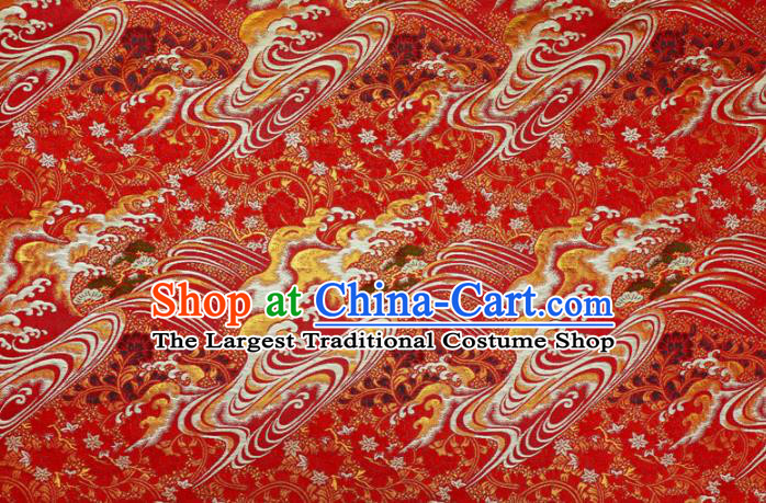Japanese Traditional Kimono Classical Wave Pattern Red Brocade Damask Asian Japan Nishijin Satin Drapery Silk Fabric