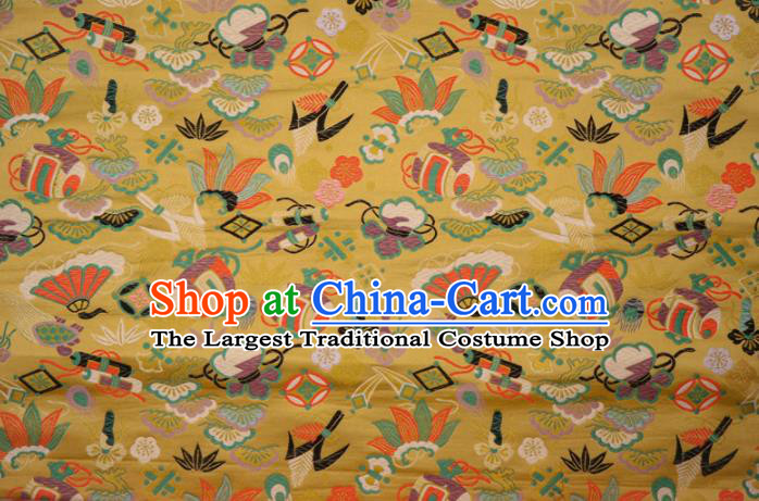 Japanese Traditional Kimono Classical Fans Pattern Yellow Brocade Damask Asian Japan Nishijin Satin Drapery Silk Fabric