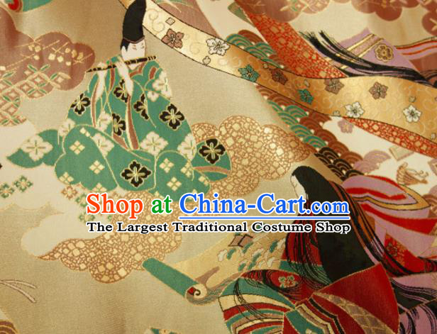 Japanese Traditional Kimono Classical Geisha Pattern Golden Brocade Damask Asian Japan Nishijin Satin Drapery Silk Fabric