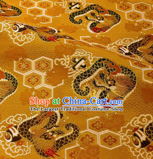 Japanese Traditional Kimono Classical Dragons Pattern Golden Brocade Damask Asian Japan Nishijin Satin Drapery Silk Fabric
