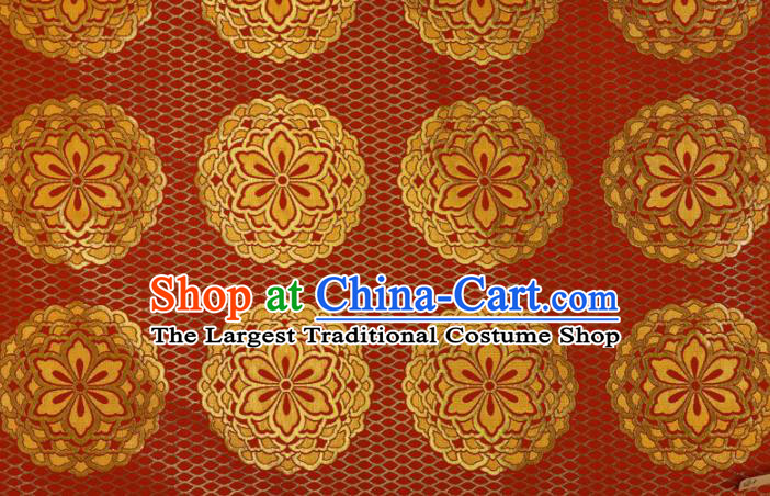 Japanese Traditional Kimono Classical Four Kettle Pattern Red Brocade Damask Asian Japan Nishijin Satin Drapery Silk Fabric