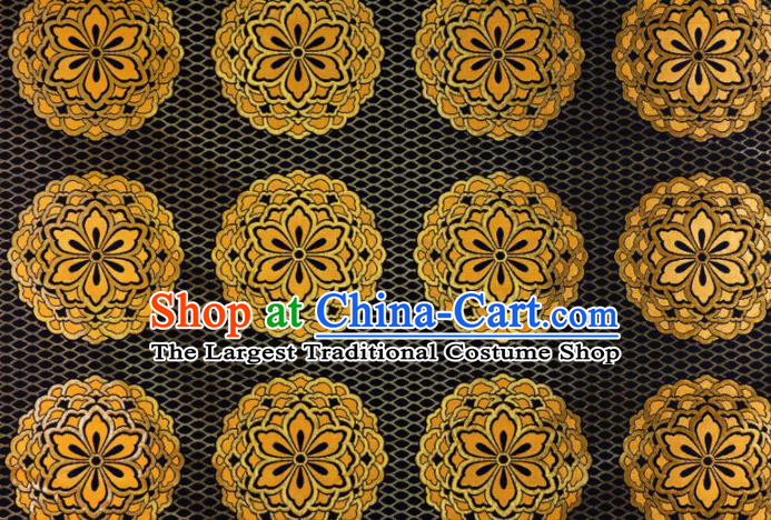Japanese Traditional Kimono Classical Four Kettle Pattern Black Brocade Damask Asian Japan Nishijin Satin Drapery Silk Fabric